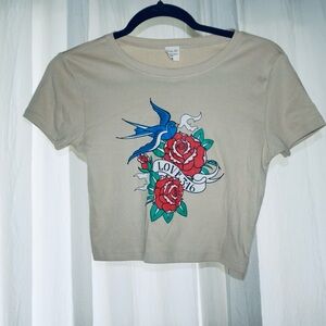 New Gildan Beige Crop Top with Bird and Rose Design